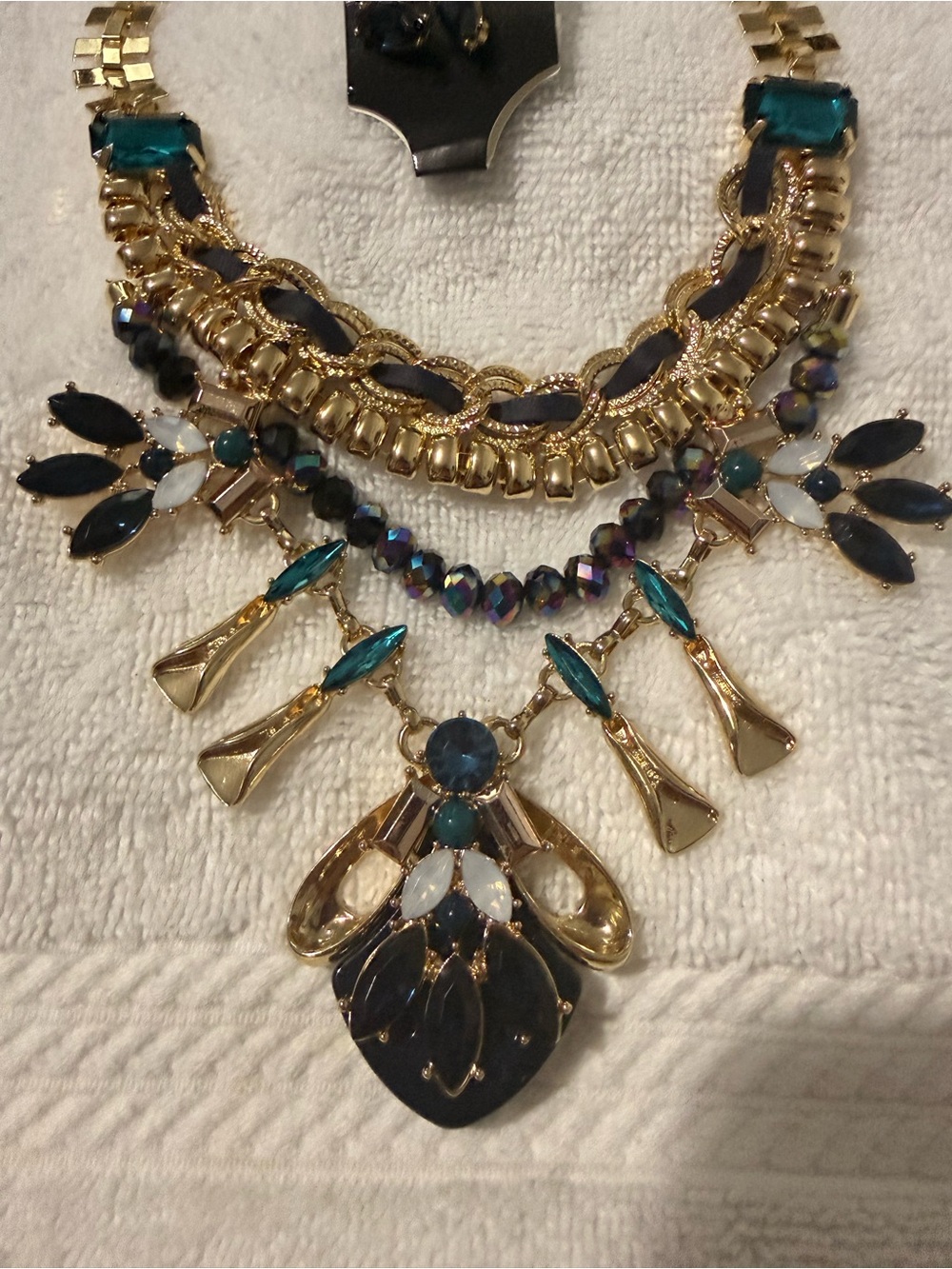 Gold-Tone Statement Necklace with Teal and Navy Gem Accents